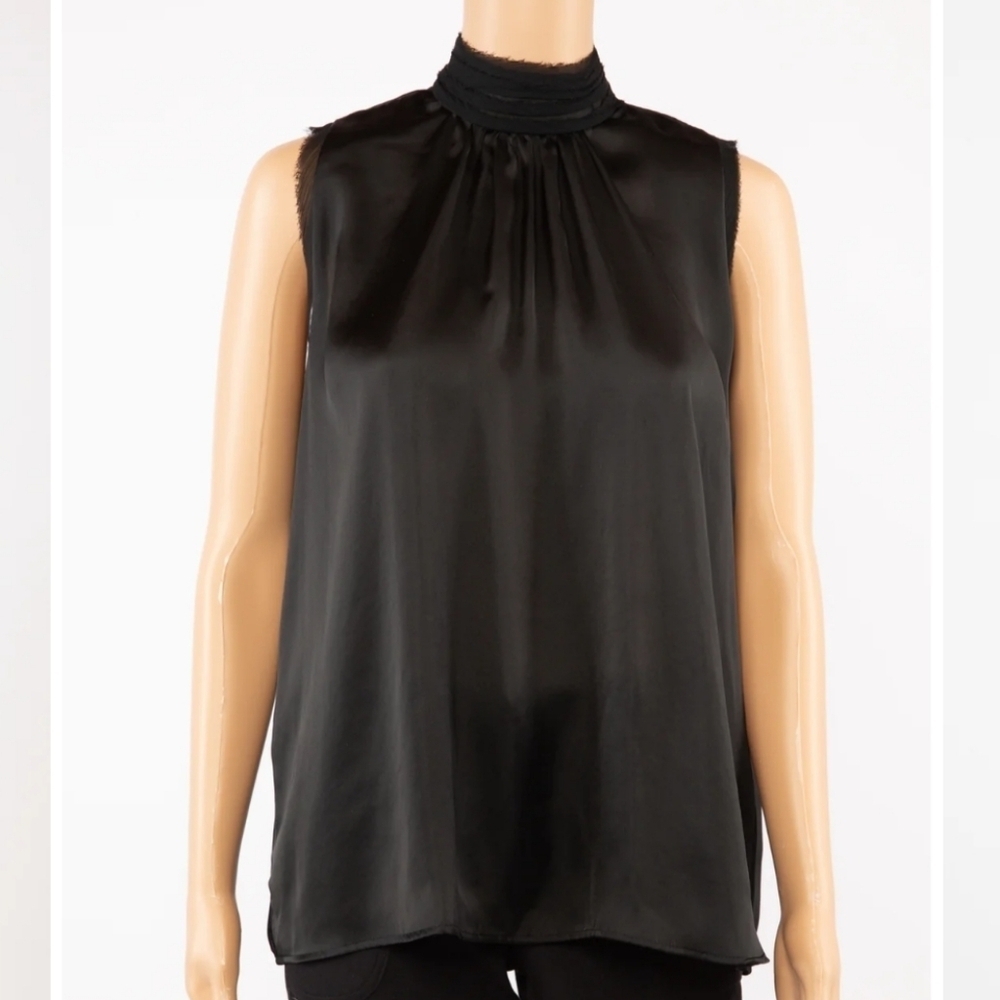 ZARA High Mock Neck Satin Silk Black Sleeveless Top Sz L Bloggers Favorite